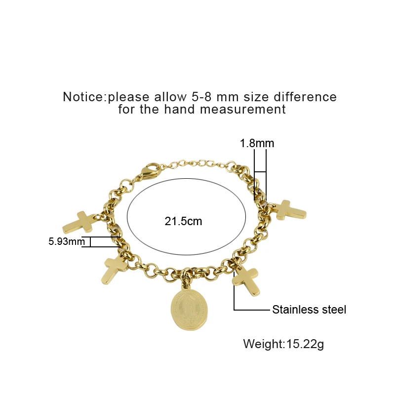Gold Cross Charm Medallion Chain Bracelet size detail Gold Cross Charm Medallion Chain Bracelet size detail